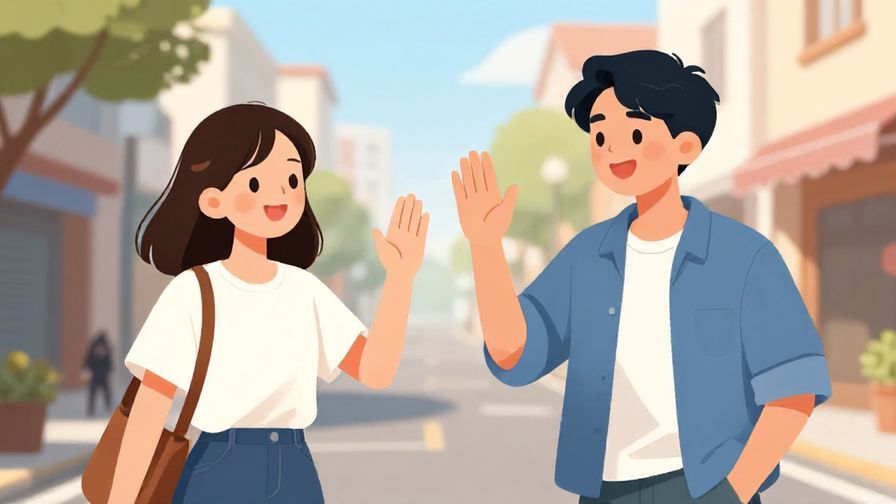 Illustration of two friends parting ways happily on a sunny street, casual clothes, waves goodbye with gentle smiles