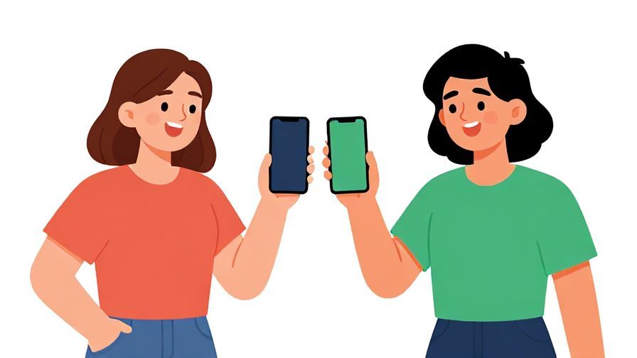 Illustration of two friends parting ways with phones in hand, smiling and waving, cheerful colors, illustrated style