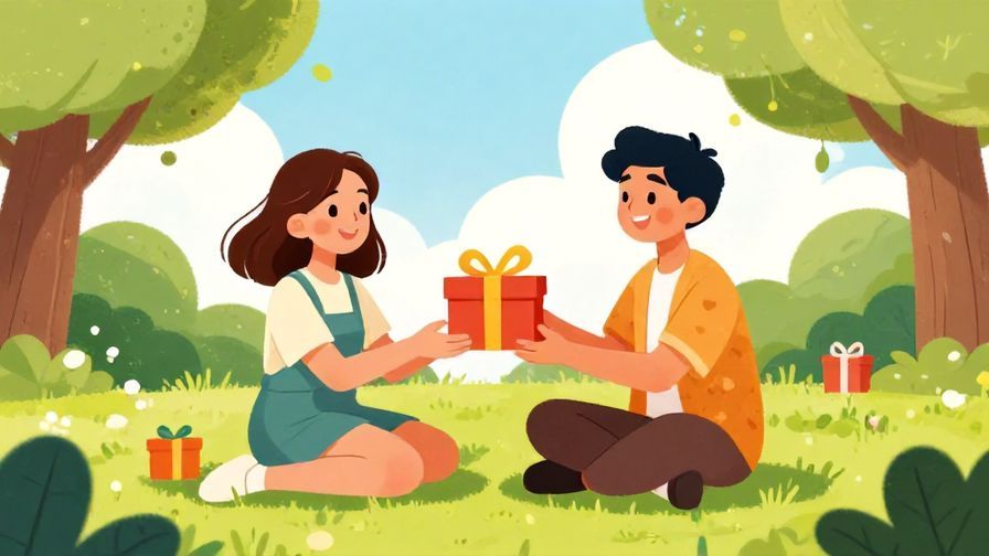 Illustration of two friends playfully exchanging gifts in a sunny park, symbolizing lighthearted payback or karma, vibrant and cheerful tones