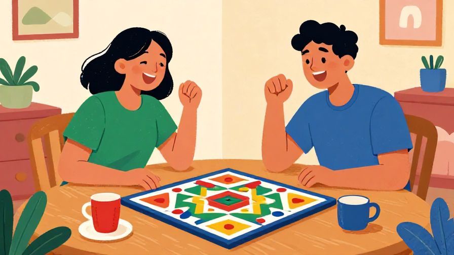 Illustration of two friends playing board games together, laughing, cozy room, vibrant colors, illustrated style