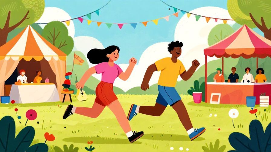 Illustration of two friends running excitedly toward a festival in summer, vibrant colors, illustrated style