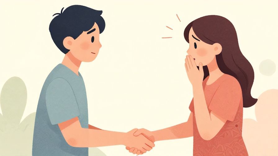 Illustration of two friends shaking hands, one looking surprised and hurt, pastel tones with a soft background