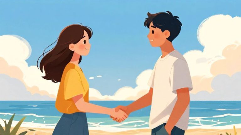 Illustration of two friends shaking hands warmly under a sunny sky, with soft clouds and gentle waves in the background, vibrant colors, illustrated style