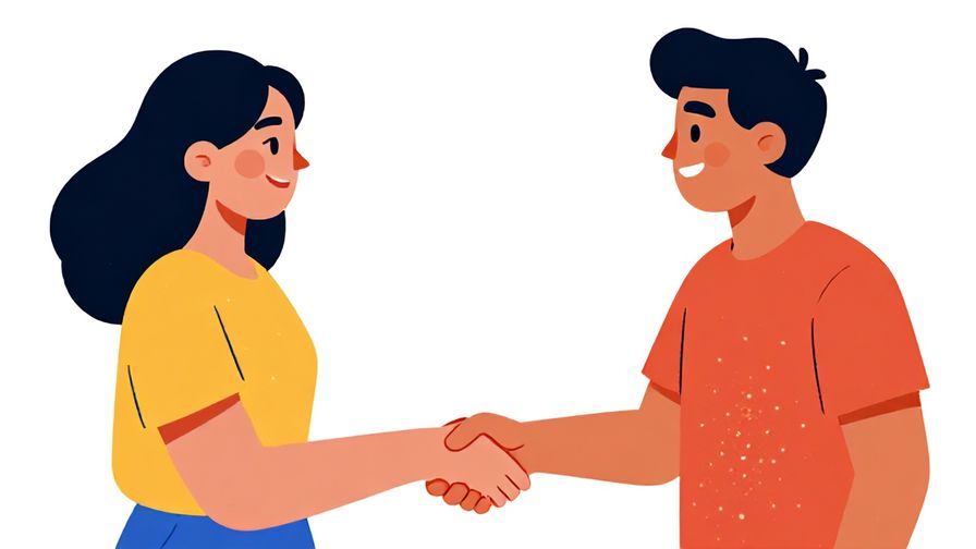 Illustration of two friends shaking hands with smiles, promising to meet up, vibrant colors, illustrated style