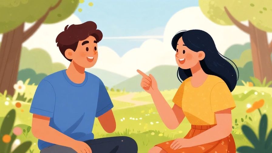 Illustration of two friends sharing a casual moment, one smiling and saying thanks, bright and colorful park background