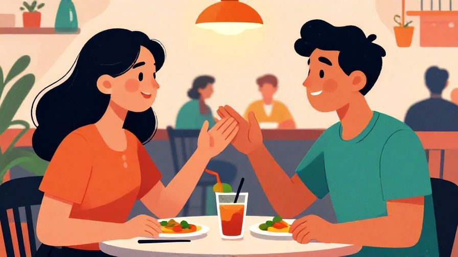 Illustration of two friends sharing a meal, one thanking the other warmly with hand gestures, lively café background, vibrant colors, illustrated style