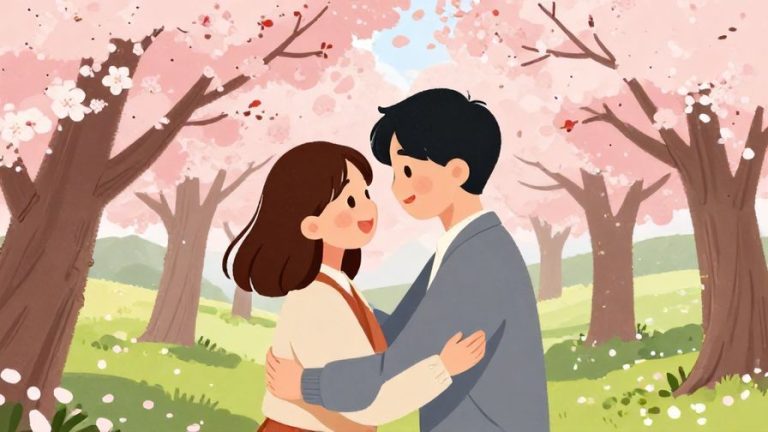 Illustration of two friends sharing a warm embrace under cherry blossom trees, smiling happily, vibrant pink and green background, illustrated style
