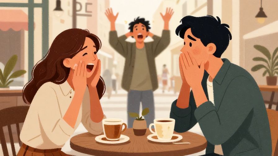 Illustration of two friends shocked and laughing as another friend appears suddenly, urban café setting