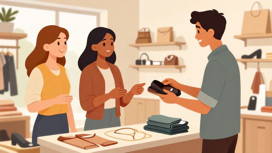 Illustration of two friends shopping together, one asking a shop assistant about sizes while smiling, bright store interior