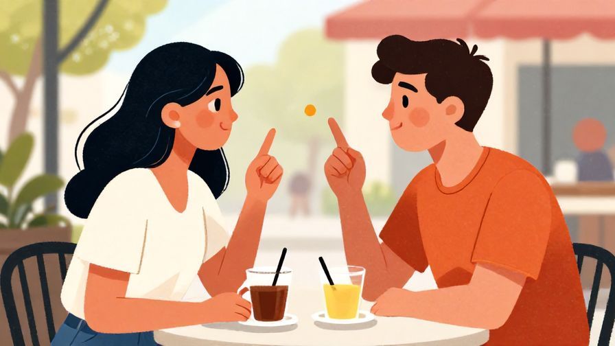 Illustration of two friends sitting at a café, one of them raising a finger gently to express a different opinion, vibrant outdoor background, illustrated style