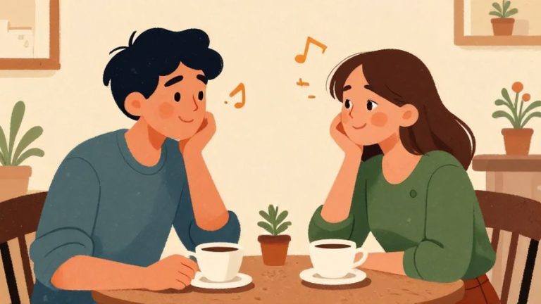 Illustration of two friends sitting casually at a cafe, one asking the other a question with a curious smile, warm atmosphere, vibrant colors, illustrated style