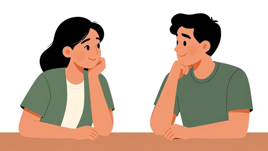 Illustration of two friends sitting casually, one leaning in to ask a question with a friendly smile