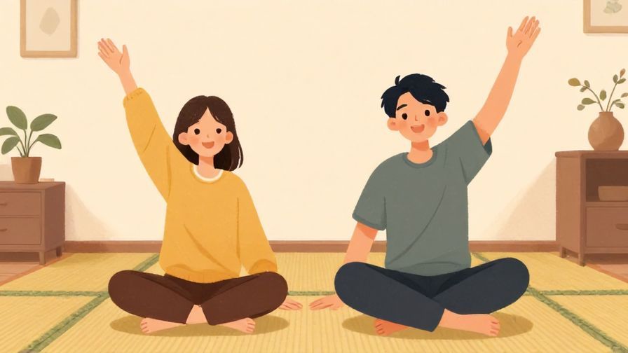 Illustration of two friends sitting cross-legged on a tatami floor, both smiling and stretching, cozy home setting, warm colors, illustrated style