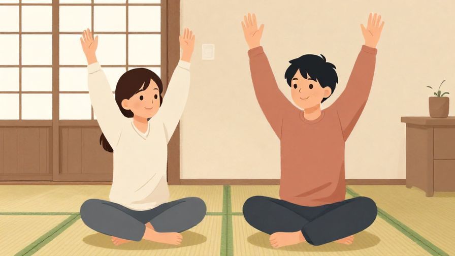 Illustration of two friends sitting cross-legged on a tatami mat, smiling and stretching with a soft indoor light, Japanese home style, illustrated colors