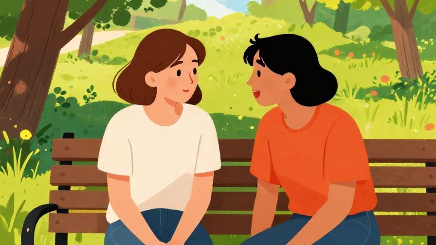 Illustration of two friends sitting on a bench in a park, one leaning forward eagerly, vibrant colors, illustrated style