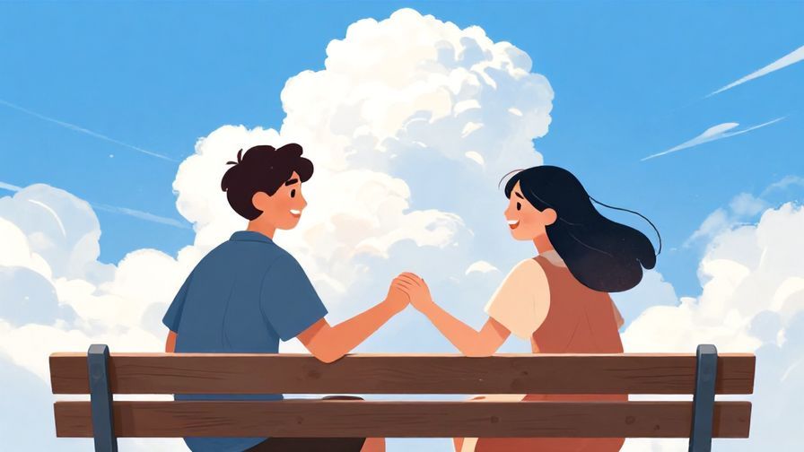 Illustration of two friends sitting on a bench, laughing and shaking hands under a bright blue sky with fluffy clouds