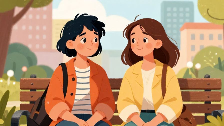 Illustration of two friends sitting on a bench, one raising an eyebrow curiously while the other grins, soft cityscape background, vibrant colors, illustrated style
