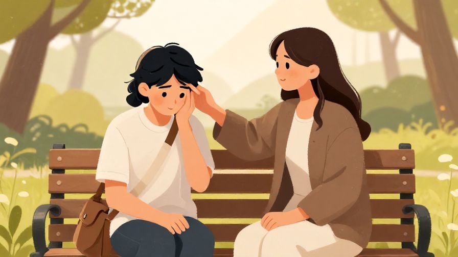 Illustration of two friends sitting on a bench, one looking apologetic while the other gently shakes their head, soft park background, warm colors