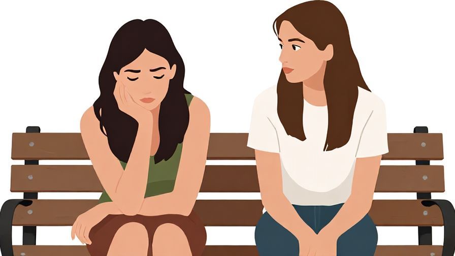 Illustration of two friends sitting on a bench, one looking down with a thoughtful expression, the other listening attentively