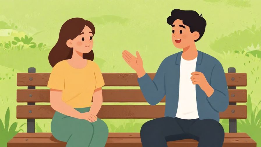 Illustration of two friends sitting on a bench, one animatedly sharing a story, the other smiling and listening attentively