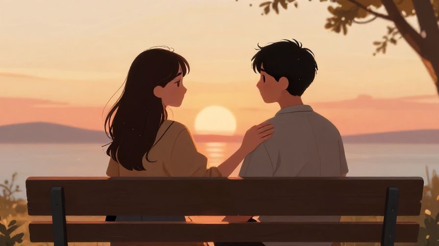 Illustration of two friends sitting on a bench, one patting the other’s back reassuringly, warm sunset lighting