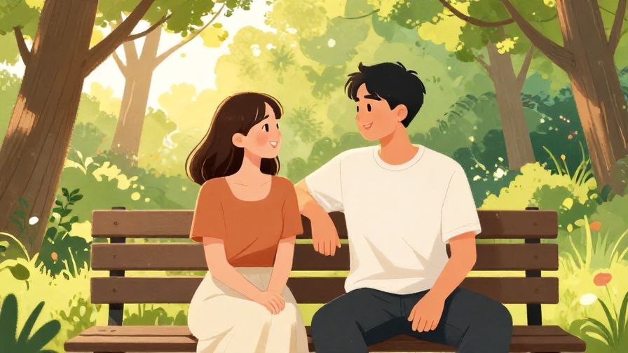 Illustration of two friends sitting on a bench, one smiling warmly at the other who looks happy and proud, park setting with sunlight through trees