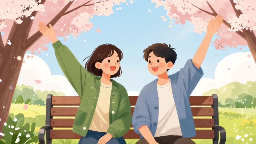Illustration of two friends sitting on a bench outside, smiling and stretching with soft sunlight and cherry blossoms in the background, vibrant colors, illustrated style