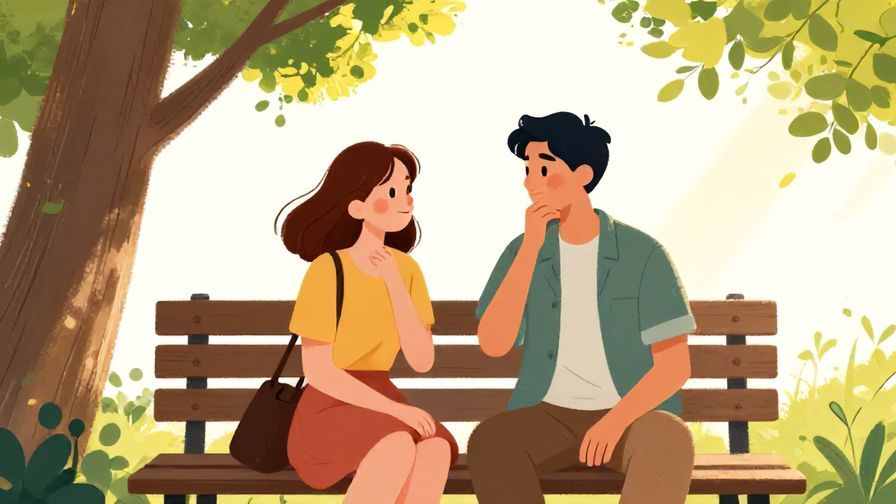 Illustration of two friends sitting on a bench under a tree, chatting and nodding in agreement, soft sunlight filtering through leaves, vibrant colors, illustrated style