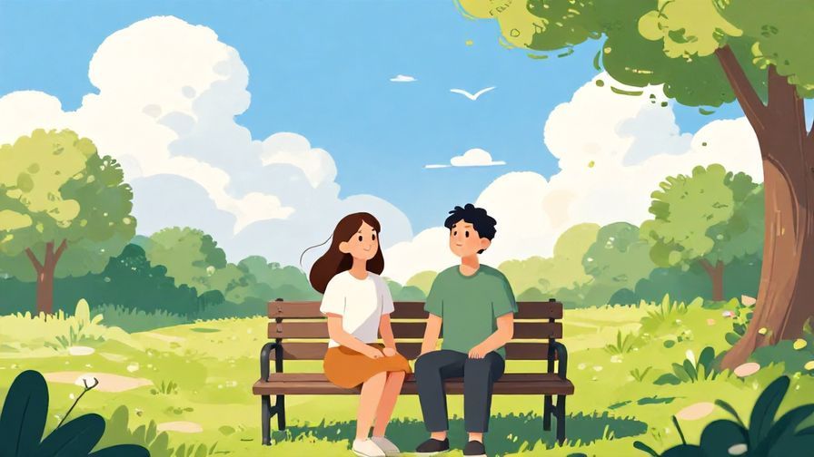 Illustration of two friends sitting on a bench watching clouds drift by, relaxed and hopeful expressions, vibrant park background, illustrated style