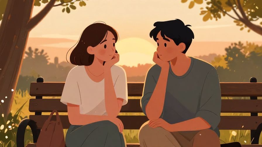 Illustration of two friends sitting on a park bench, one pondering with a hand on chin, warm sunset lighting