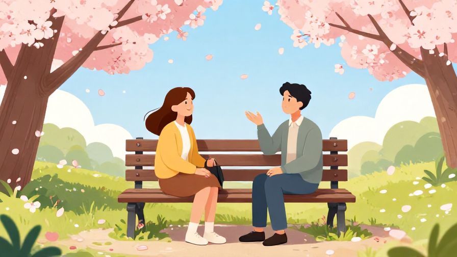 Illustration of two friends sitting on a park bench, chatting with relaxed smiles, cherry blossoms falling gently around them, vibrant colors