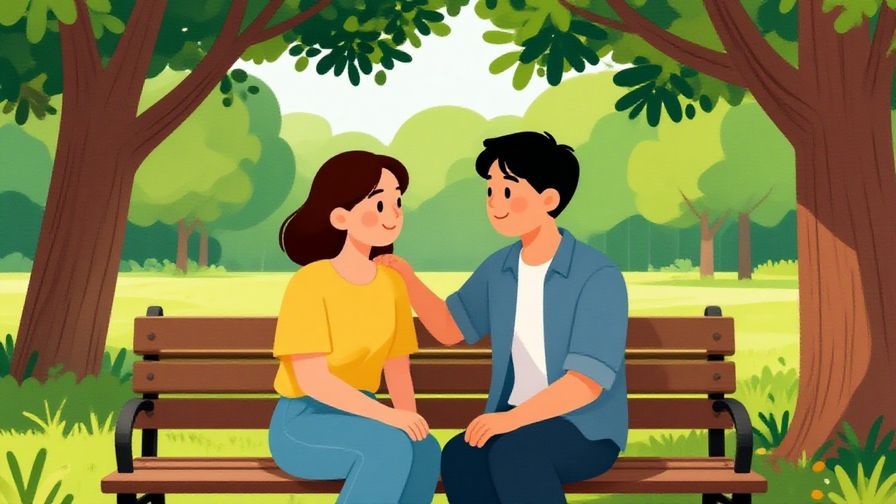 Illustration of two friends sitting on a park bench under a tree, one comforting the other with a gentle smile, vibrant colors, illustrated style