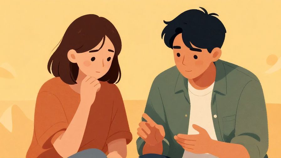 Illustration of two friends sitting together, one showing concern and the other looking down, warm background