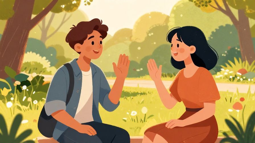 Illustration of two friends smiling and chatting in a park, one waving good-bye as they prepare to leave, warm evening light, detailed background, vibrant colors, illustrated style