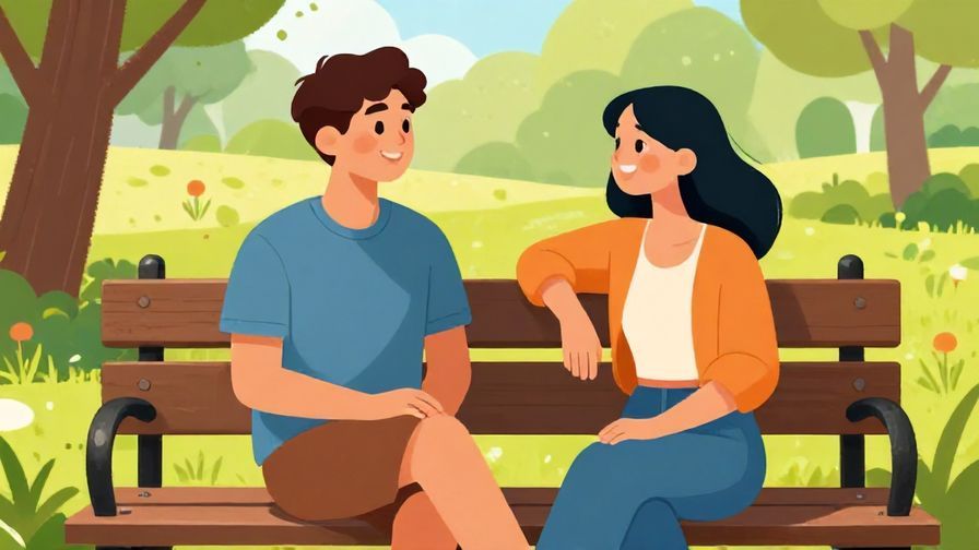Illustration of two friends smiling and chatting on a sunny park bench, casual and friendly expressions, vibrant colors