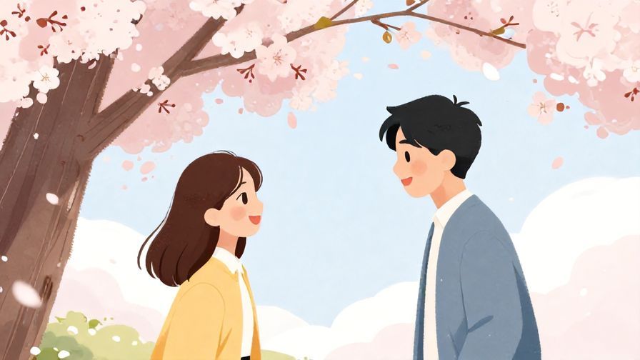 Illustration of two friends smiling and chatting under cherry blossoms, gentle breeze, soft pastel colors