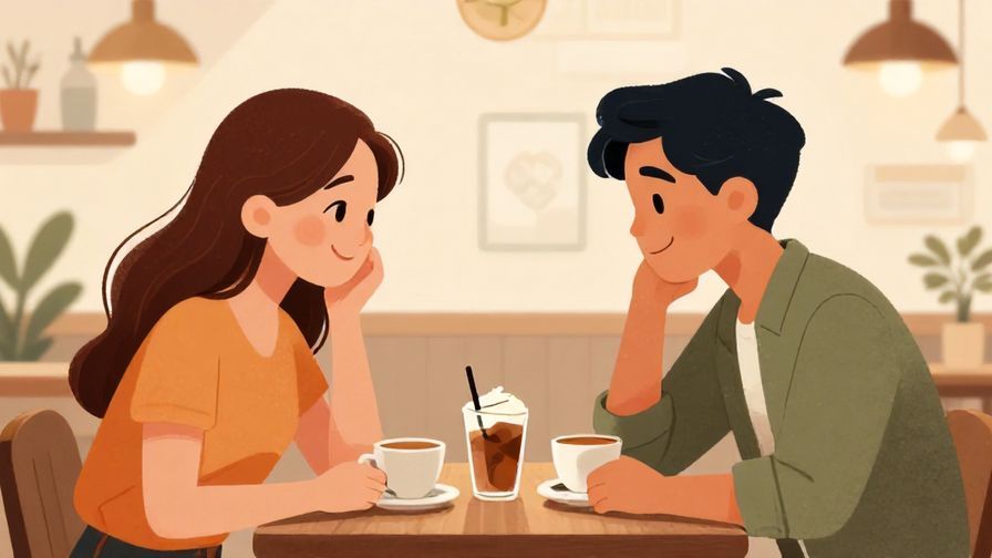 Illustration of two friends smiling and nodding knowingly in a cafe, symbolizing shared understanding of karma, warm colors