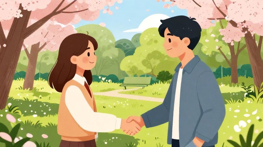 Illustration of two friends smiling and shaking hands in a sunny park, symbolizing reconciliation, with cherry blossoms and vibrant greenery in the background, illustrated style