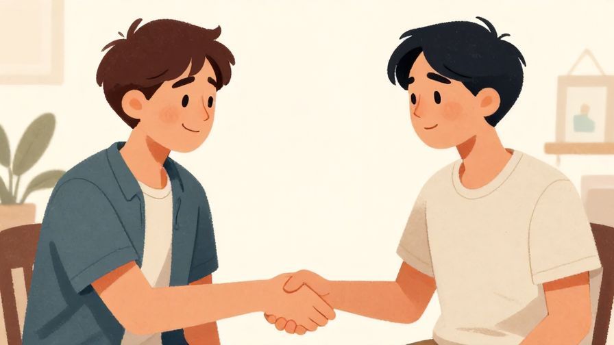 Illustration of two friends smiling awkwardly and offering a tentative handshake, casual setting with soft lighting, illustrated style
