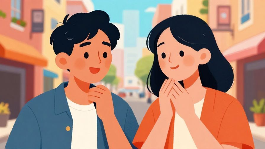 Illustration of two friends smiling in surprise and admiration, one giving a proud nod, vibrant city street background