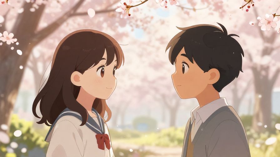 Illustration of two friends smiling shyly at each other with soft cherry blossoms in the background, gentle spring light, warm and hopeful atmosphere