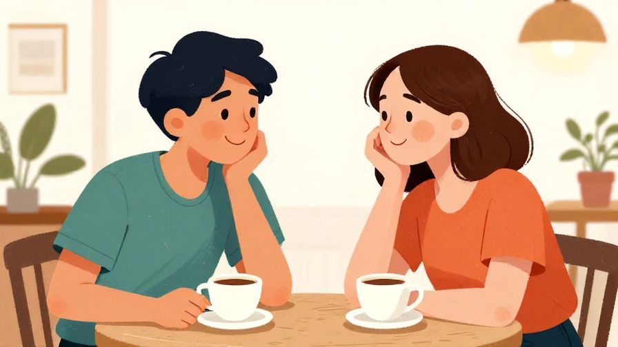 Illustration of two friends smiling tentatively at each other with relaxed body language in a cozy café, bright colors, illustrated style