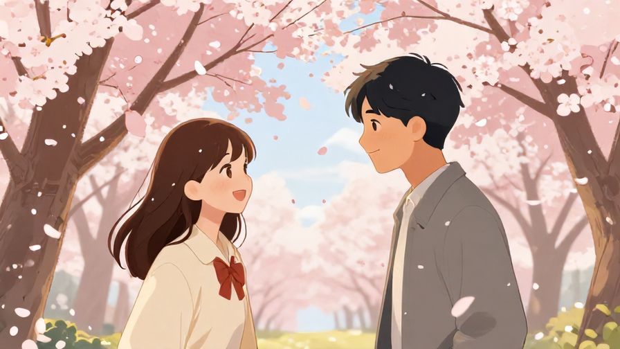 Illustration of two friends smiling under cherry blossom trees, feeling a magical connection, soft pink petals falling around them, warm afternoon light, illustrated style