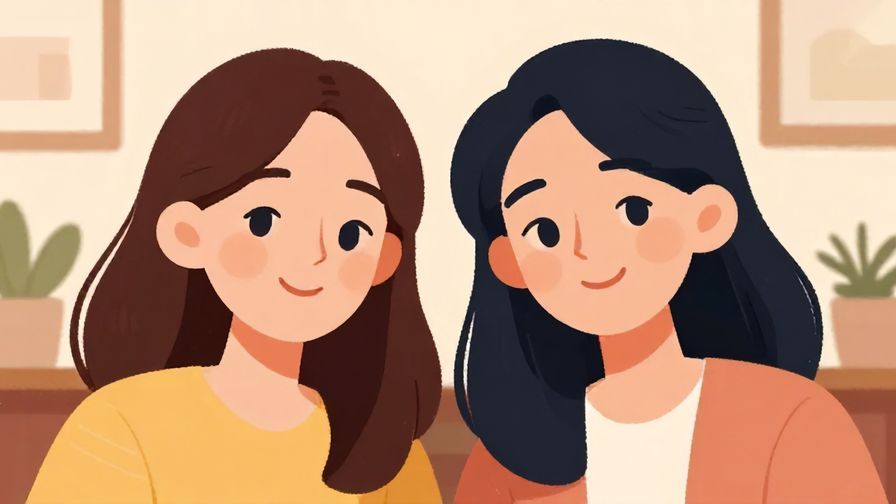 Illustration of two friends smiling warmly with soft background elements, casual and friendly atmosphere