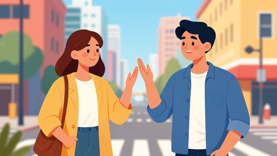 Illustration of two friends standing at a crossroads, smiling and deciding which direction to take, vibrant city background