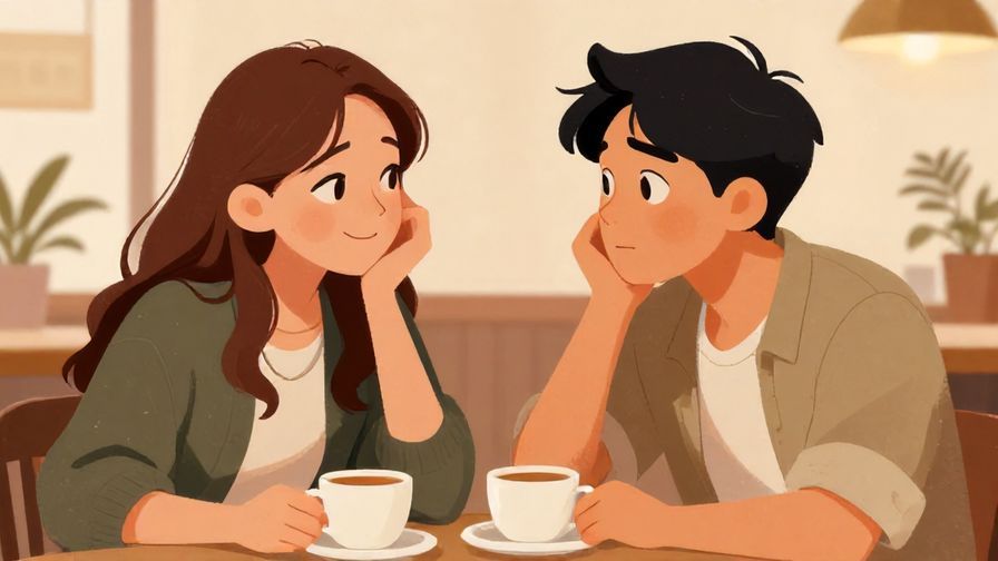 Illustration of two friends talking, one with a teasing smirk and the other looking caught off guard, casual café background, warm tones