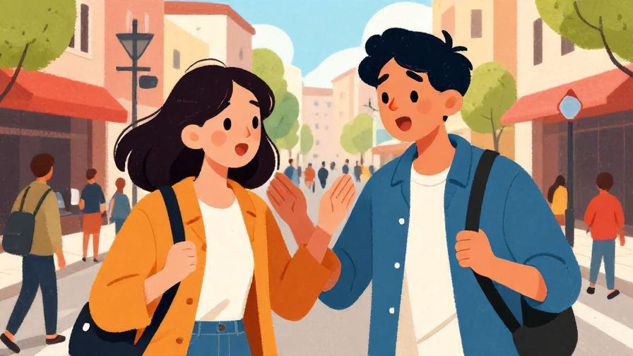 Illustration of two friends unexpectedly bumping into each other on a busy street, surprised and smiling, vibrant colors, illustrated style