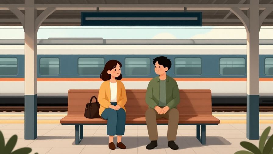Illustration of two friends waiting together peacefully at a quiet train station, soft pastel colors, gentle atmosphere, illustrated style