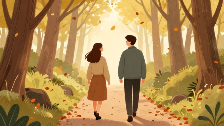 Illustration of two friends walking back together on a forest path with autumn leaves falling, warm colors, peaceful expressions
