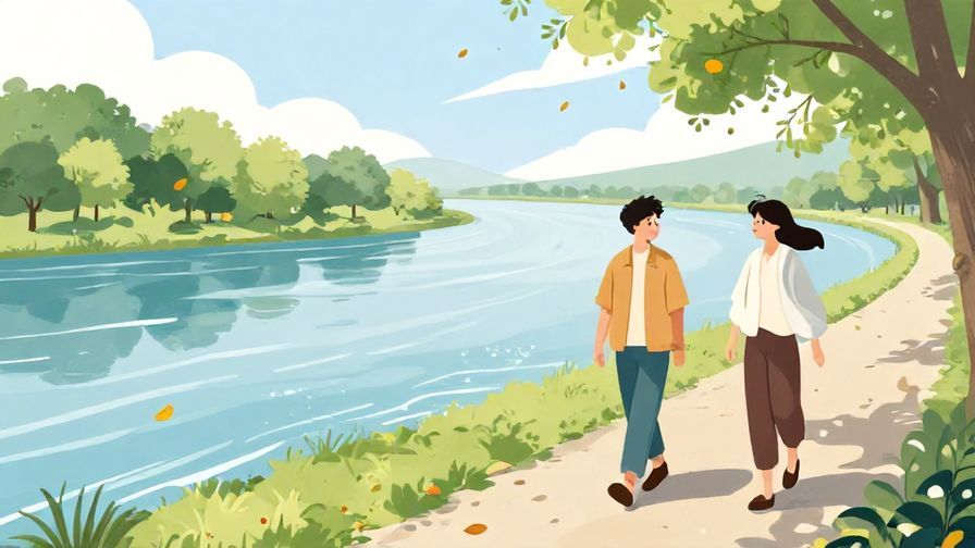 Illustration of two friends walking leisurely along a riverside path with gentle breeze and floating leaves